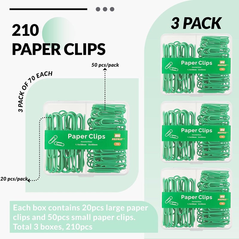 NEEWAY Colorful Paper Clips Assorted Sizes, Small and Large Paperclips, 210 Count, 3 Pack of 70 (Green) - Image 3
